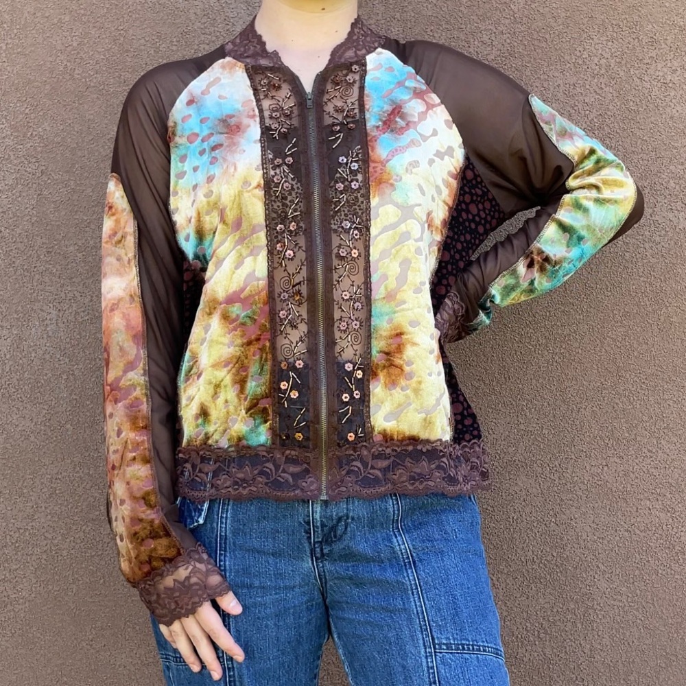 Piano | Beaded Sequin Velvet Tie-Dye Patchwork Mesh Zip-Up Jacket Blouse